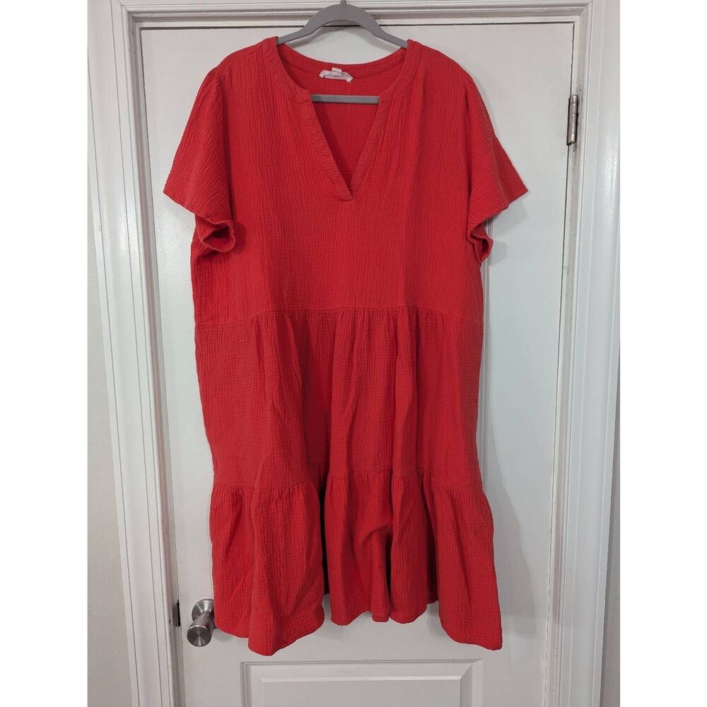 Lucky Brand Dress women's size 1X red gauze tiered V-neck pockets airy - Picture 1 of 7